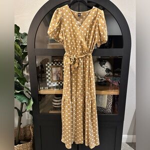 shein tan polka dot wrap dress | size medium